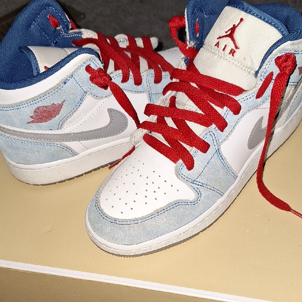 Kids Jordan Sneakers - White and Blue with Red Accents